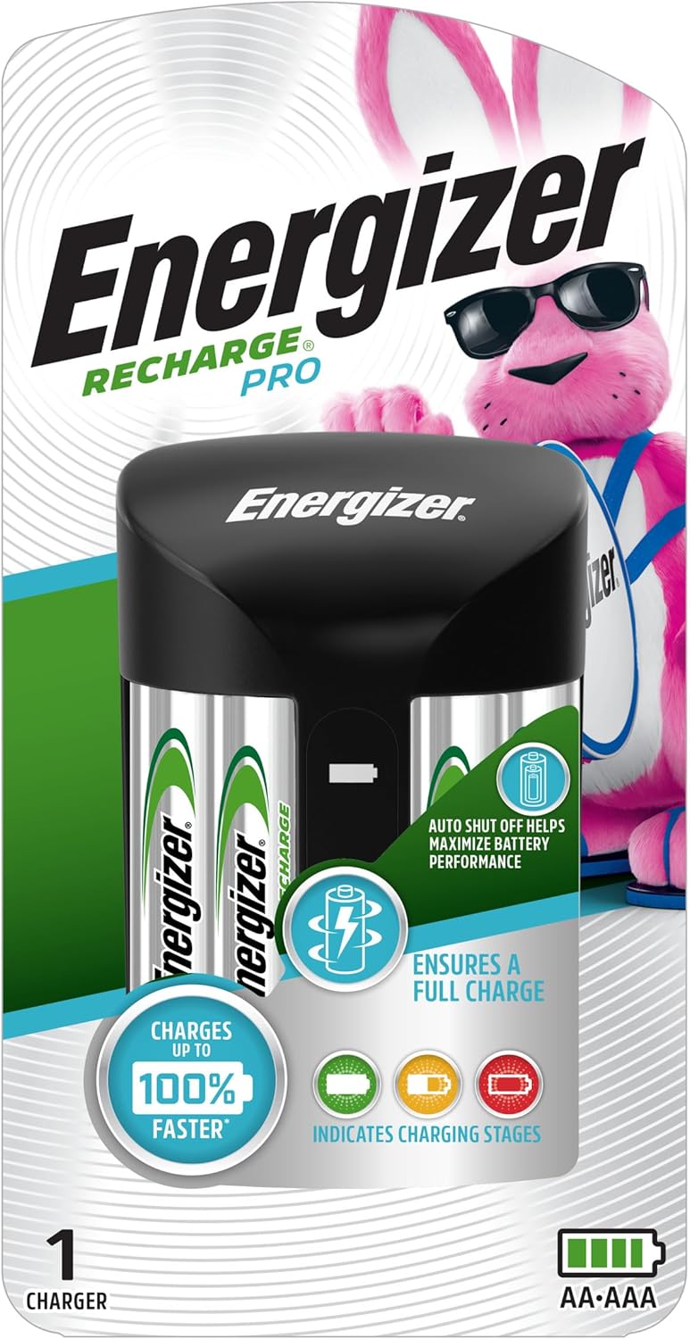 Energizer Cargador de pilas AA/AAA con 4 pilas AA NiMH recargables (carga pilas AA o AAA en 1 hora o menos)